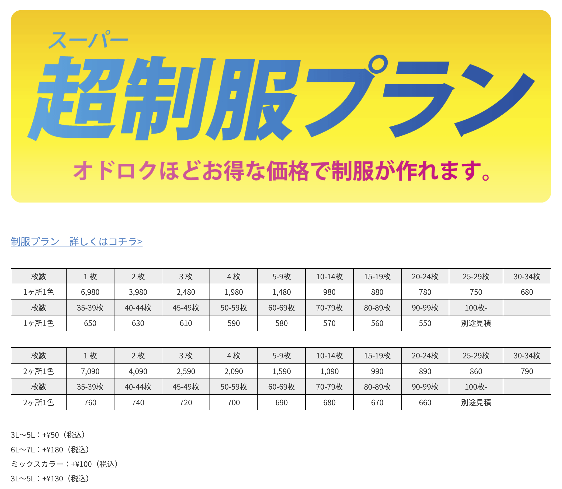 各アイテム下部に価格表がございます